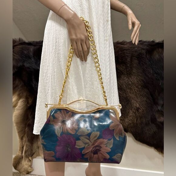 Floral Print Cowhide Leather Handmade Double Kisslock Top Handle Bag/Crossbody - Picture 10 of 15